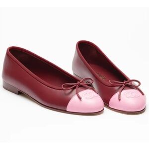 Chanel 26S Burgundy Red Pink Lambskin Leather CC Logo Ballet Ballerina Flat 38
